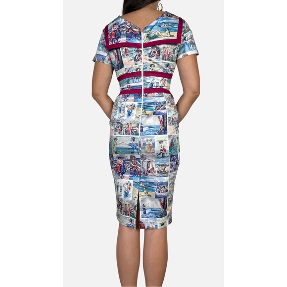 KITTEN D'AMOUR 'By The Seaside' Print Retro Wiggle Dress & Jacket Set Size 10 12 - Picture 3 of 16